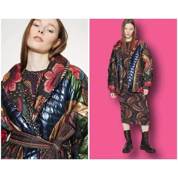 💕FARM RIO💕 Black Wild Bananas Metallic Reversible Puffer Jacket Large L NWT - Picture 1 of 16